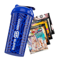 Blue shaker bottle with dark abstract all-over print and a white stylized "G" logo on the front.