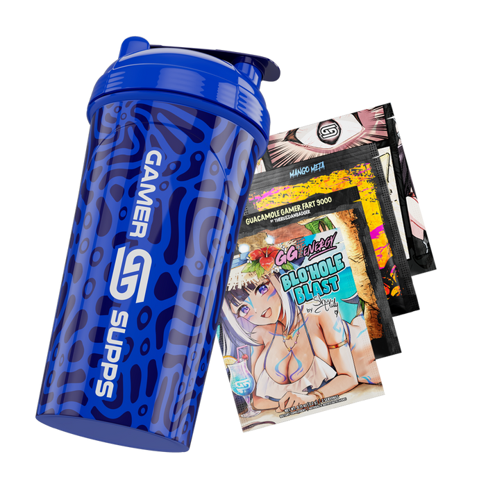 Blue shaker bottle with dark abstract all-over print and a white stylized "G" logo on the front.