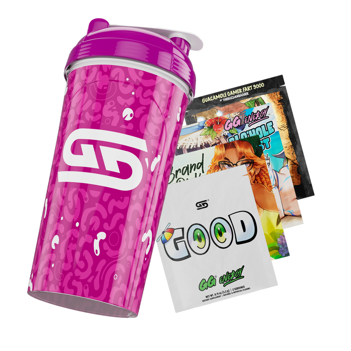 Purple shaker cup with abstract amoeba pattern and white "Gamer Supps" logo on the front