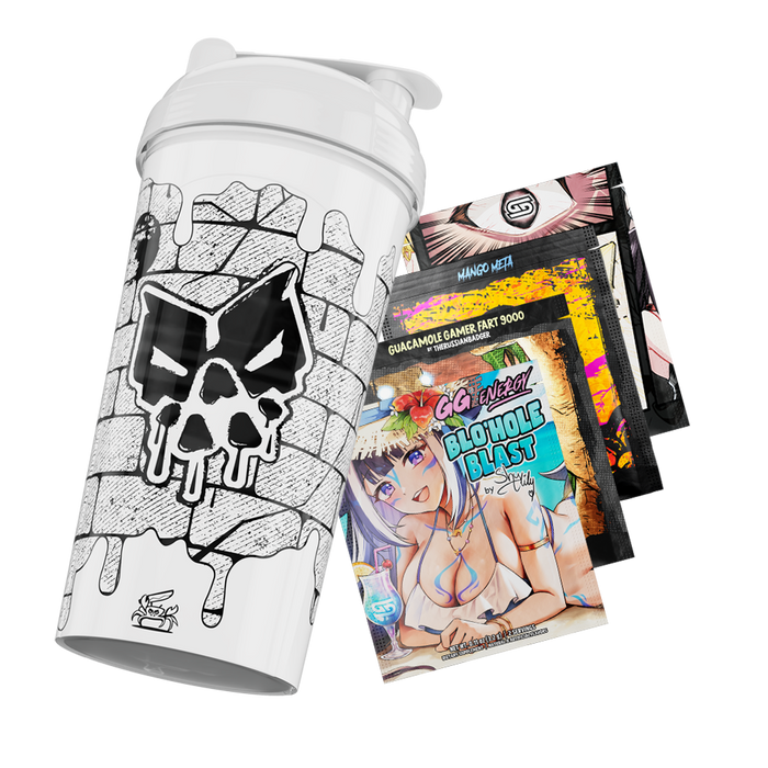 White shaker cup with black graffiti-style brick wall and dripping paint design around a stylized "G" logo.