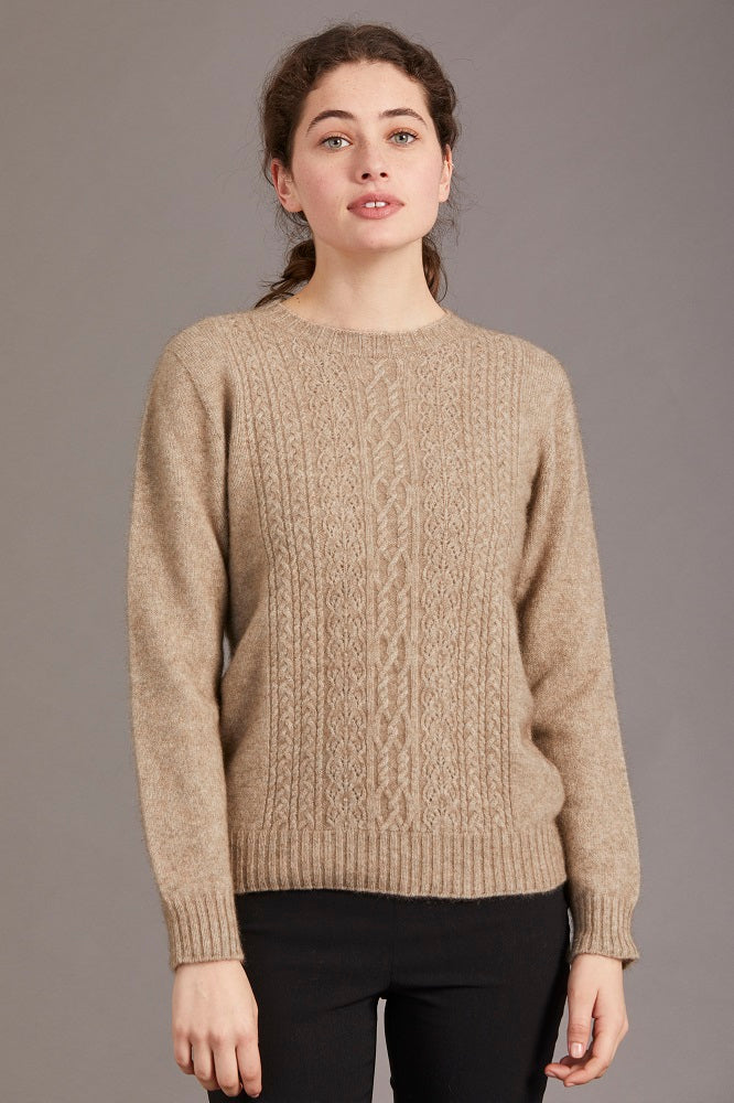 Possum and Merino  6129 Crew Neck Jersey with Lace Detail - The classic crew neck jersey gets a touch of feminine elegance with the delicate lace knit detail on the front. The blend of natural Merino, Possum fur and Silk fibres will ensure the cold never gets in. Hold onto this sumptuous McDonald jersey and don’t let go until the mercury rises.