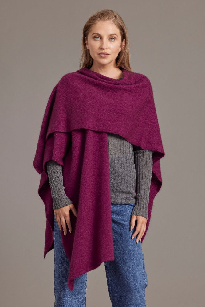 616 Split Front Cape - This cape blurs the line between art-piece and clothing.  It impresses with its form and function, artfully draping on the body while keeping you exceptionally warm.  The merino and possum fibres combine with delicate mulberry silk to create something superb - warmth, sophistication and beauty.  Size: approximately 80 cm x 102 cm.