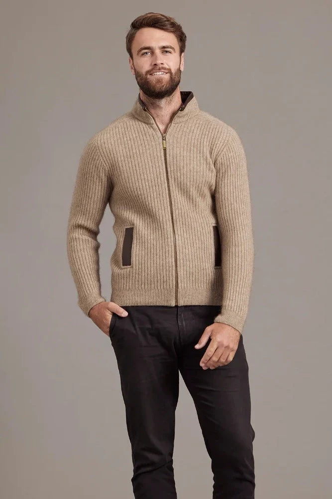 6610 Rib Zip Jacket with Leather Trim - For those who enjoy adventure with style, this zip-up jacket will tick all the boxes. Features genuine lambskin trim on the collar and pockets. High-performing natural fibres of Possum Merino and Mulberry silk will ensure you conquer your goals while look great.
