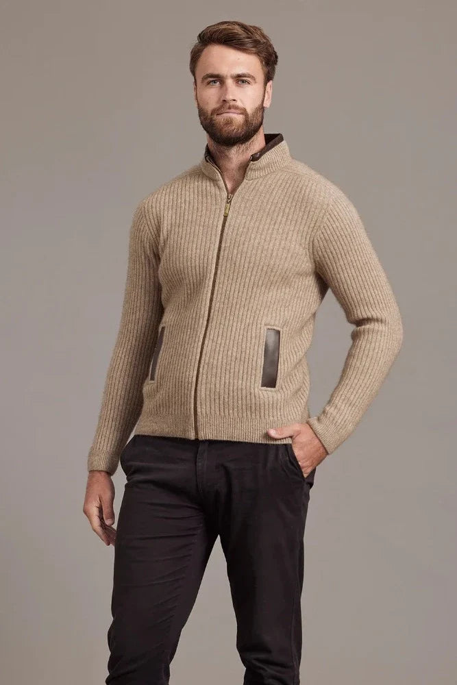6610 Rib Zip Jacket with Leather Trim - For those who enjoy adventure with style, this zip-up jacket will tick all the boxes. Features genuine lambskin trim on the collar and pockets. High-performing natural fibres of Possum Merino and Mulberry silk will ensure you conquer your goals while look great.