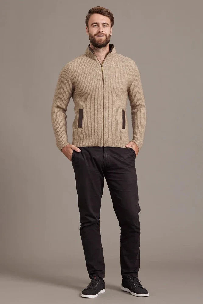6610 Rib Zip Jacket with Leather Trim - For those who enjoy adventure with style, this zip-up jacket will tick all the boxes. Features genuine lambskin trim on the collar and pockets. High-performing natural fibres of Possum Merino and Mulberry silk will ensure you conquer your goals while look great.