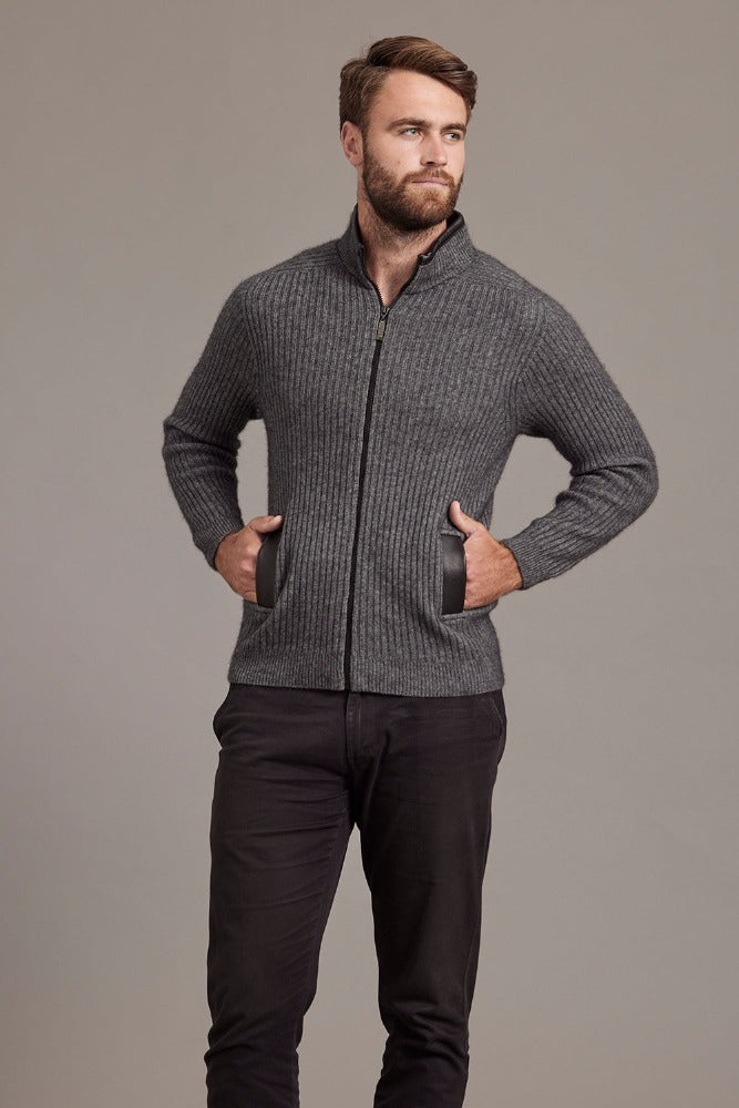 6610 Rib Zip Jacket with Leather Trim - For those who enjoy adventure with style, this zip-up jacket will tick all the boxes. Features genuine lambskin trim on the collar and pockets. High-performing natural fibres of Possum Merino and Mulberry silk will ensure you conquer your goals while look great.