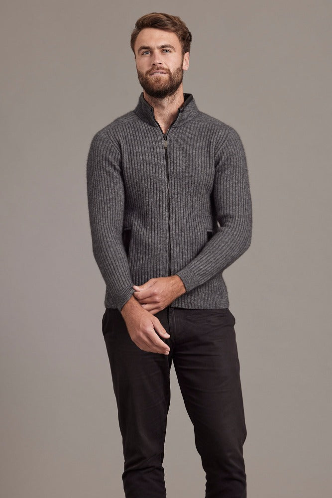 6610 Rib Zip Jacket with Leather Trim - For those who enjoy adventure with style, this zip-up jacket will tick all the boxes. Features genuine lambskin trim on the collar and pockets. High-performing natural fibres of Possum Merino and Mulberry silk will ensure you conquer your goals while look great.