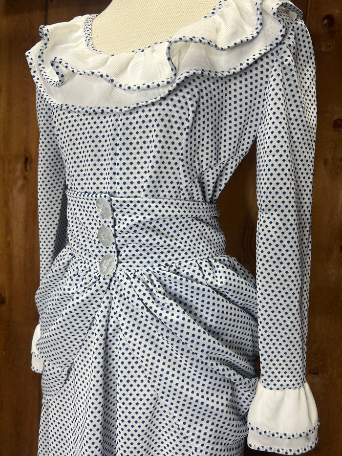 70s Blue Dot Maxi Dress w/Bustle     W34