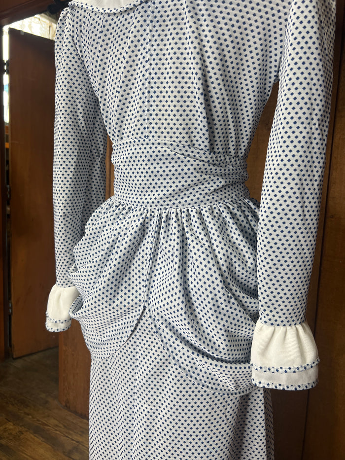 70s Blue Dot Maxi Dress w/Bustle     W34