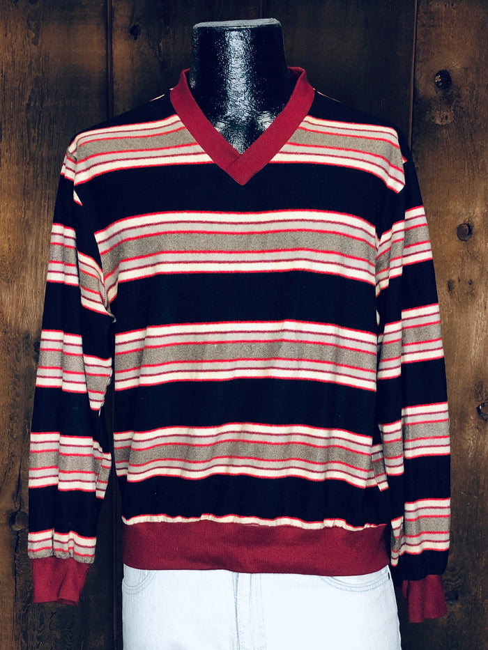 70s JCP Velour Blk/Rd/Gry Stripe Shirt          L