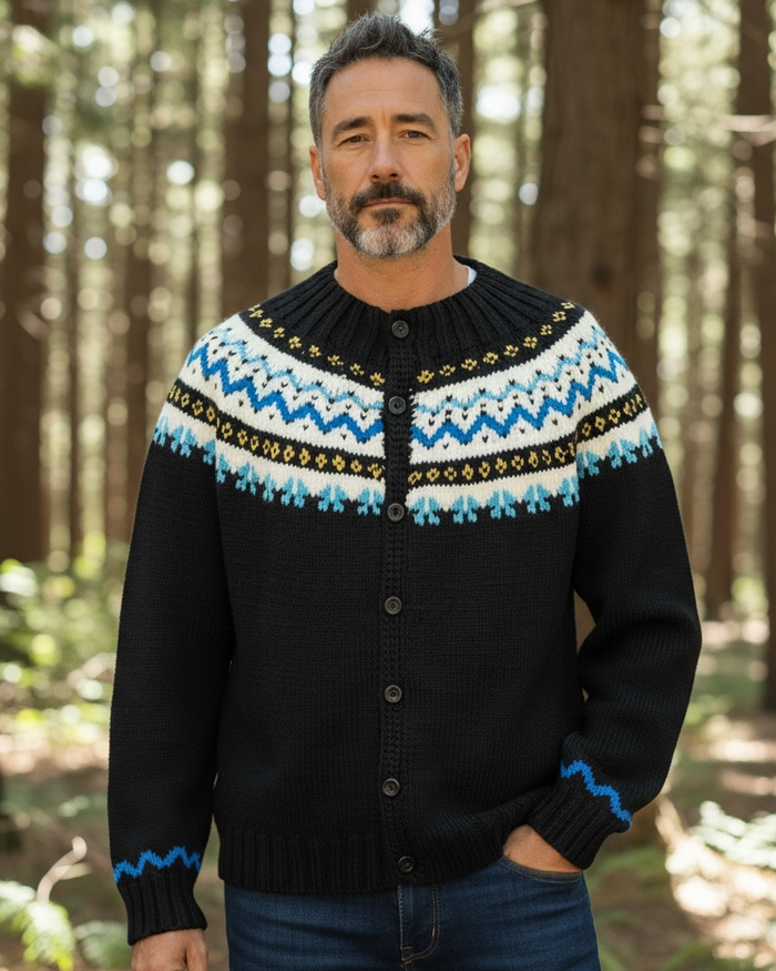 80s Hand Knit Black Fair Isle Cardigan     M/L