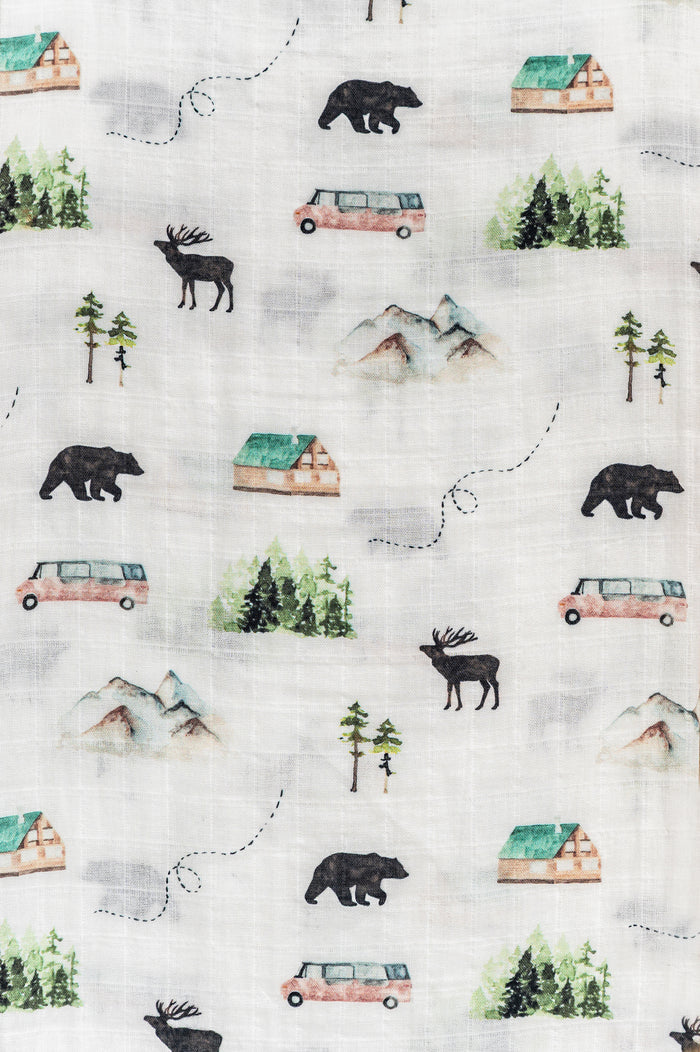 Alaska organic muslin swaddle with nature-inspired print