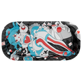Black tray with warped checkerboard background and scattered playing cards in red and blue suits