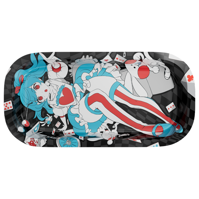 Black tray with warped checkerboard background and scattered playing cards in red and blue suits