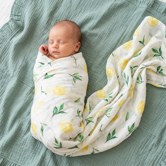 Newborn baby wrapped in a lemon-patterned swaddle on a green blanket
