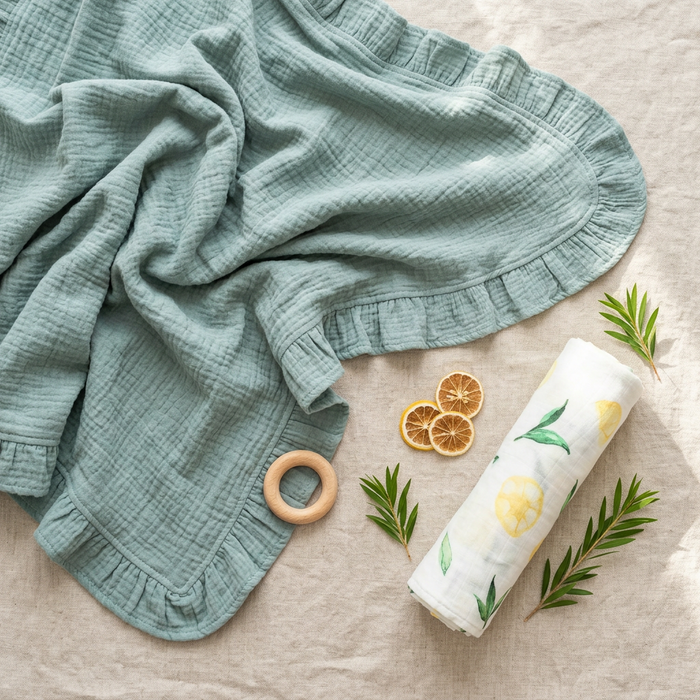 Green muslin blanket with a rolled-up muslin swaddle print with lemons, and lemon-themed product on a beige surface.