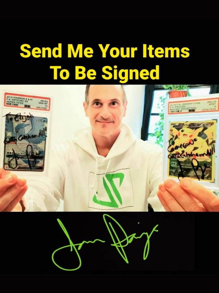 JP holding collectible cards with featuring a signature at the bottom.