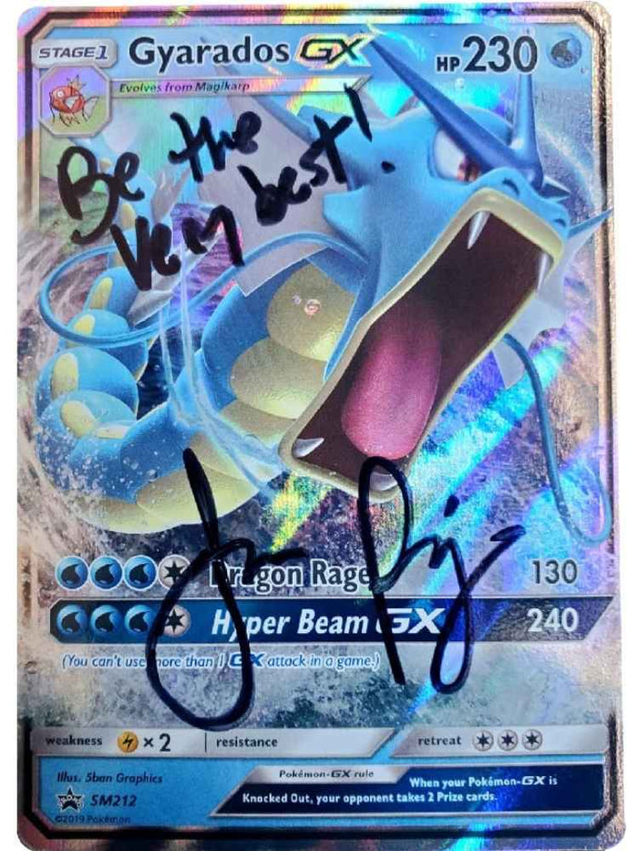 Pokémon trading card with 'Gyarados GX' and Autographed by JP on a colorful background