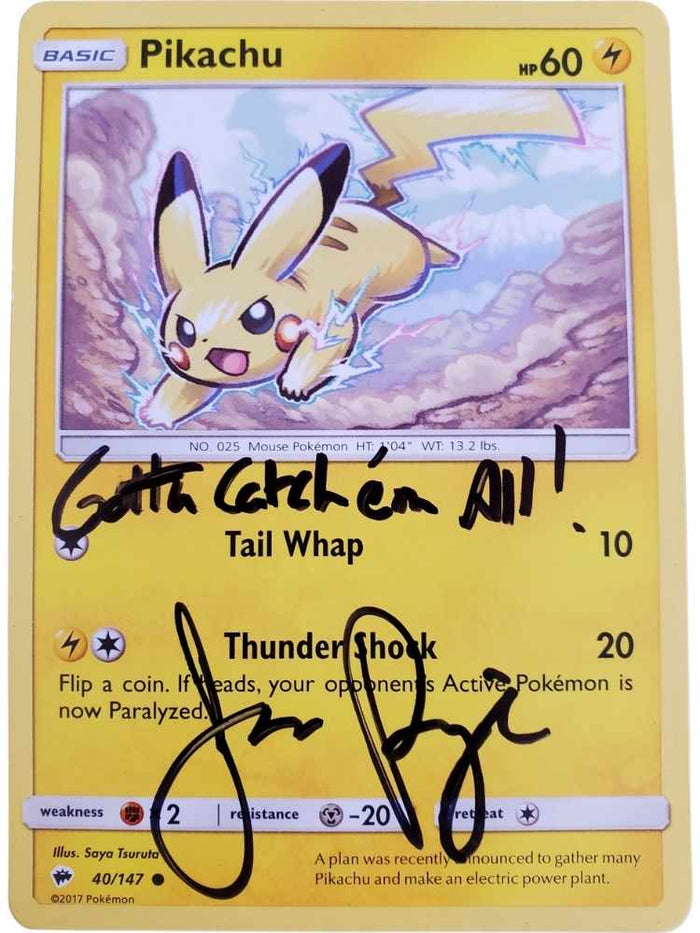 Pikachu trading card with signature by JP and text on a yellow border