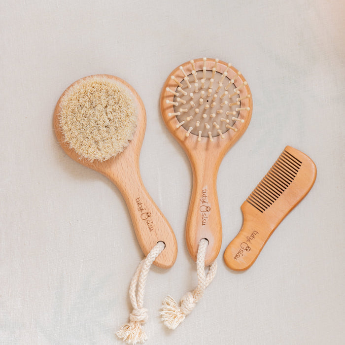 Baby brush and comb essential set with soft goat hair bristle brush