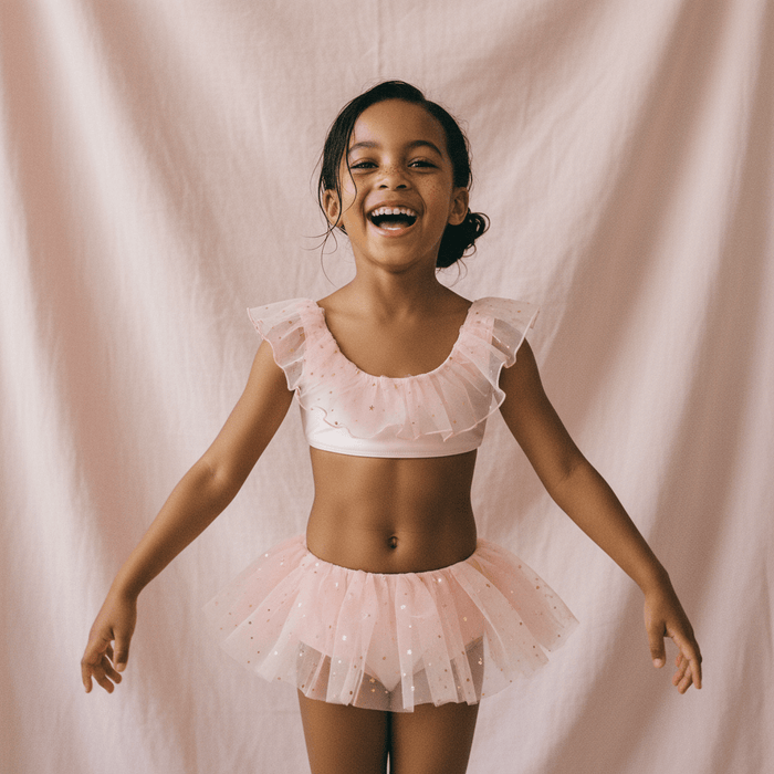 Petit Playa Ballet Bikini Scoop Top in Fairy Pink print, sun-safe UPF50+ swimwear for babies and girls