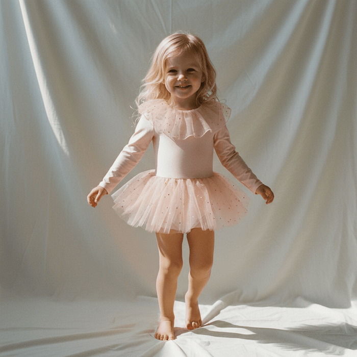 Petit Playa Ballet Long Sleeve Swim Dress in Fairy Pink print, sun-safe UPF50+ swimwear for babies and girls