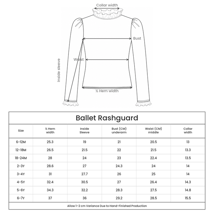 Ballet Rashguard size guide
