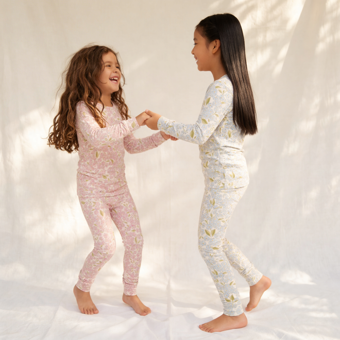 Petit Playa Bamboo Classic Pajamas & Play Set in Hydrangea print, soft bamboo pajamas for babies and girls — image 2