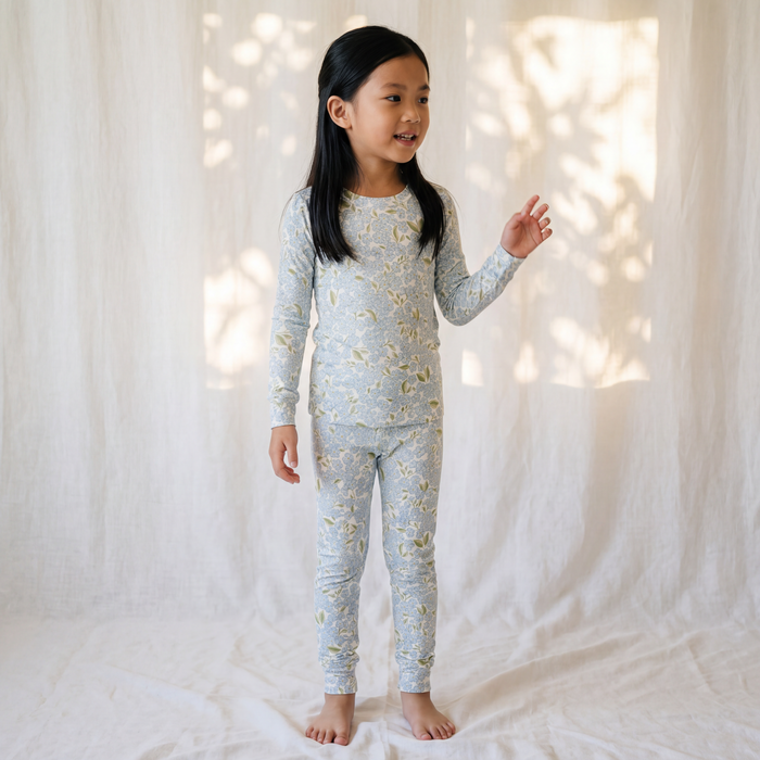 Petit Playa Bamboo Classic Pajamas & Play Set in Hydrangea print, soft bamboo pajamas for babies and girls — image 3