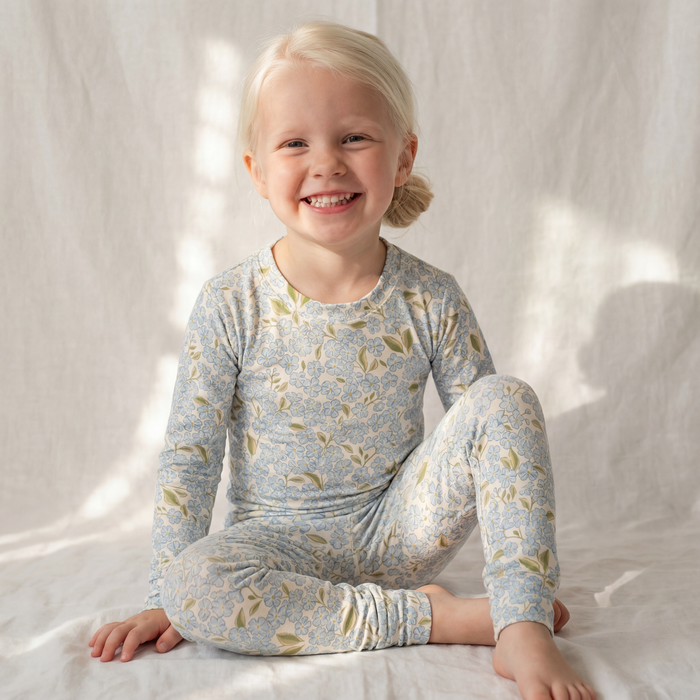 Petit Playa Bamboo Classic Pajamas & Play Set in Hydrangea print, soft bamboo pajamas for babies and girls — image 4