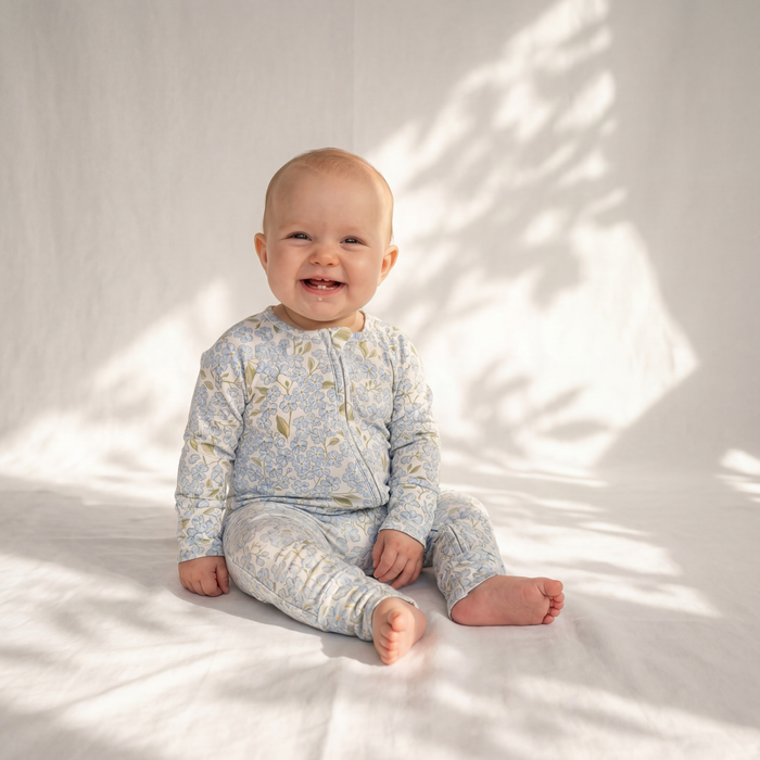 Petit Playa Bamboo Convertible Footie Pajamas & Play in Hydrangea print, soft bamboo pajamas for babies and girls
