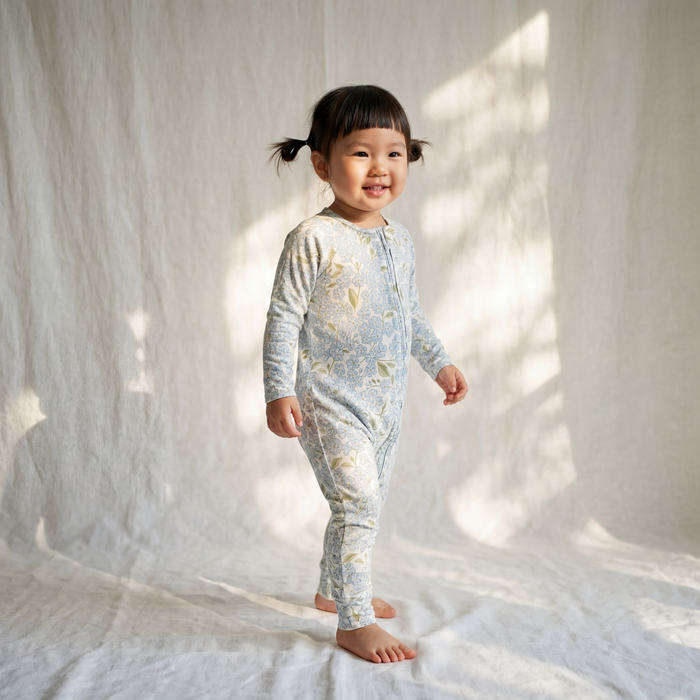 Petit Playa Bamboo Convertible Footie Pajamas & Play in Hydrangea print, soft bamboo pajamas for babies and girls — image 3