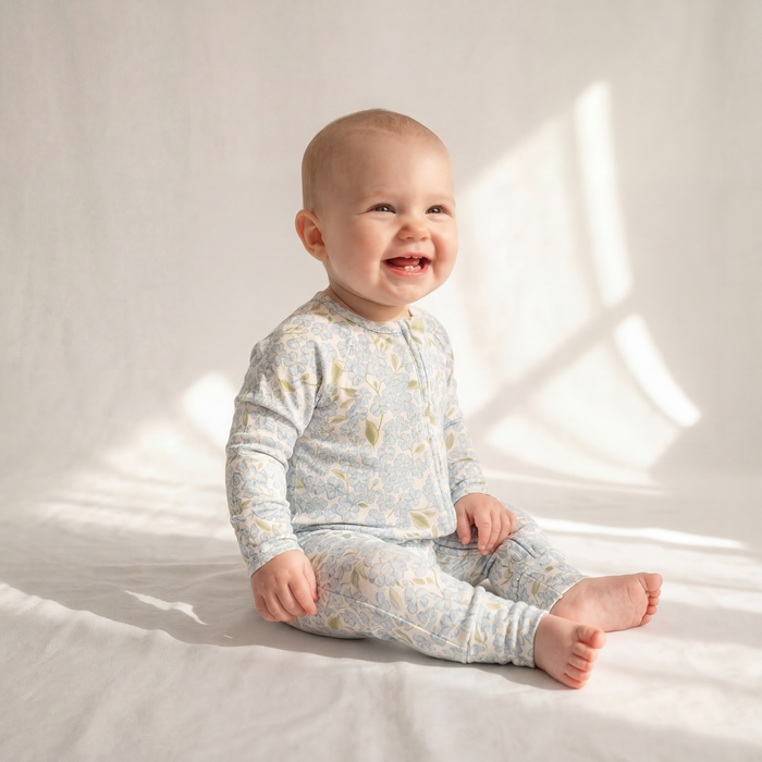 Petit Playa Bamboo Convertible Footie Pajamas & Play in Hydrangea print, soft bamboo pajamas for babies and girls — image 4