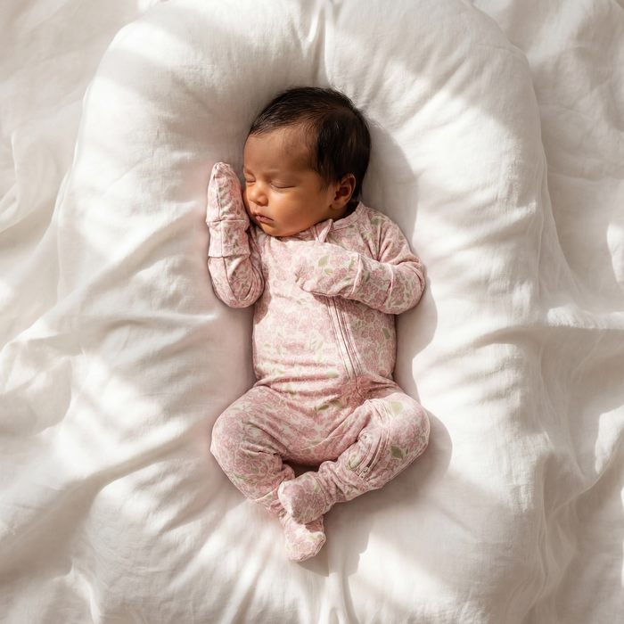 Petit Playa Bamboo Convertible Footie Pajamas & Play in Peony print, soft bamboo pajamas for babies and girls — image 2