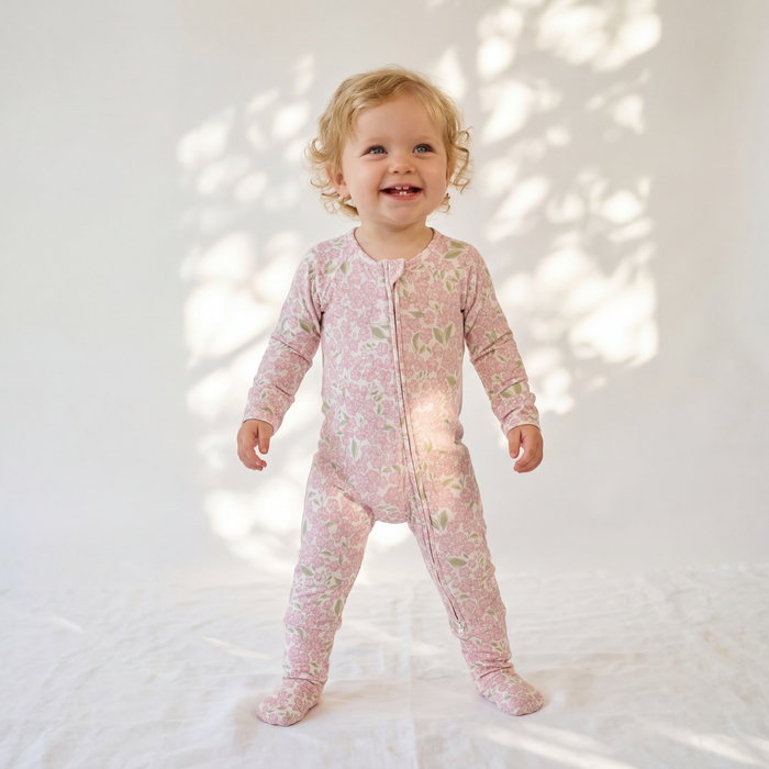 Petit Playa Bamboo Convertible Footie Pajamas & Play in Peony print, soft bamboo pajamas for babies and girls — image 5