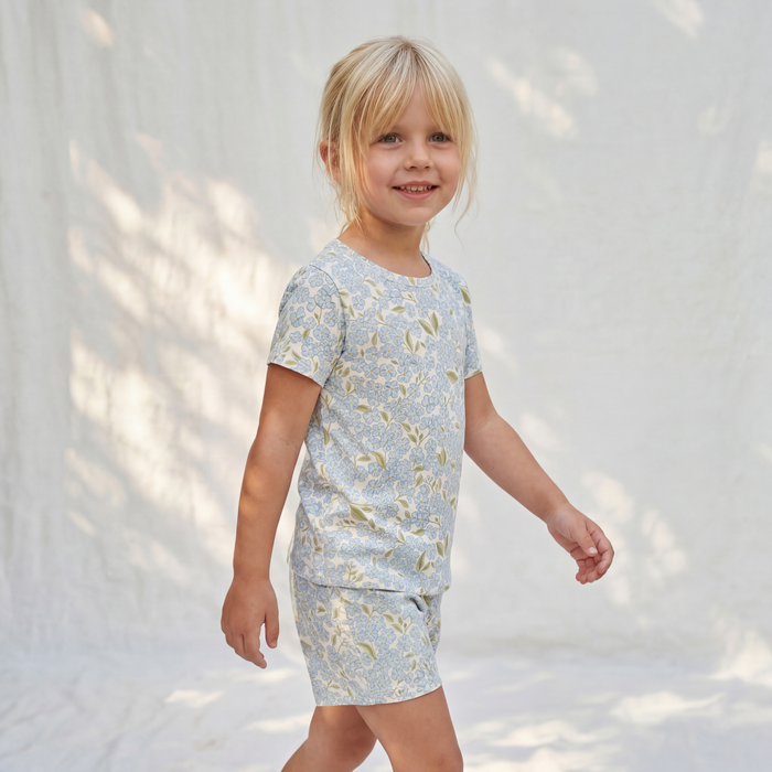 Petit Playa Bamboo Shortie Pajamas & Play Set in Hydrangea print, soft bamboo pajamas for babies and girls