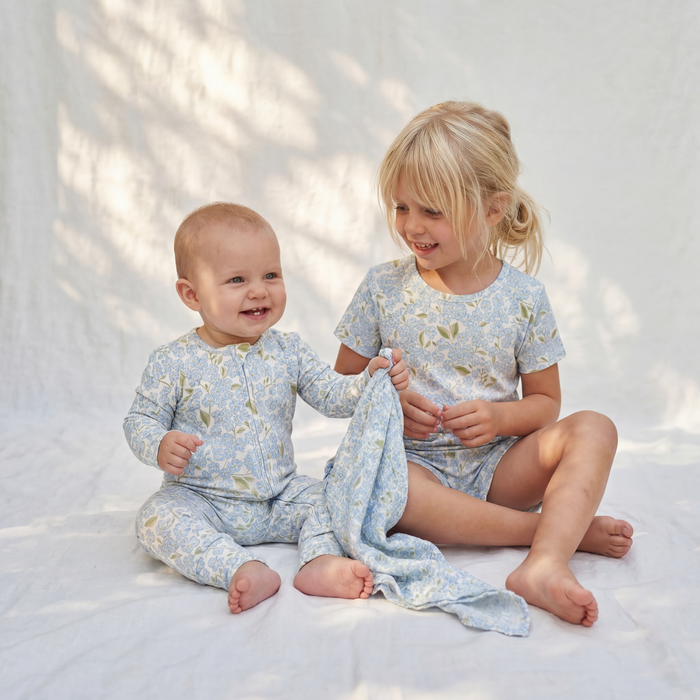 Petit Playa Bamboo Shortie Pajamas & Play Set in Hydrangea print, soft bamboo pajamas for babies and girls — image 2