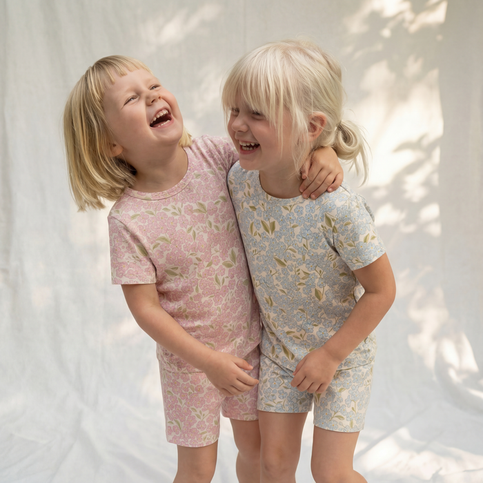 Petit Playa Bamboo Shortie Pajamas & Play Set in Peony print, soft bamboo pajamas for babies and girls — image 7
