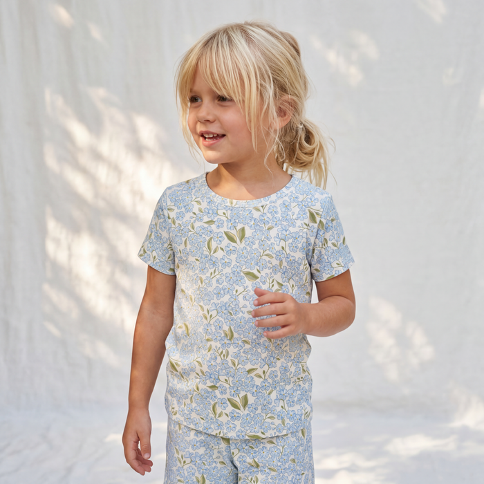 Petit Playa Bamboo Shortie Pajamas & Play Set in Hydrangea print, soft bamboo pajamas for babies and girls — image 4