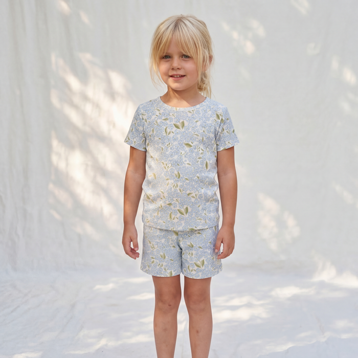 Petit Playa Bamboo Shortie Pajamas & Play Set in Hydrangea print, soft bamboo pajamas for babies and girls — image 6