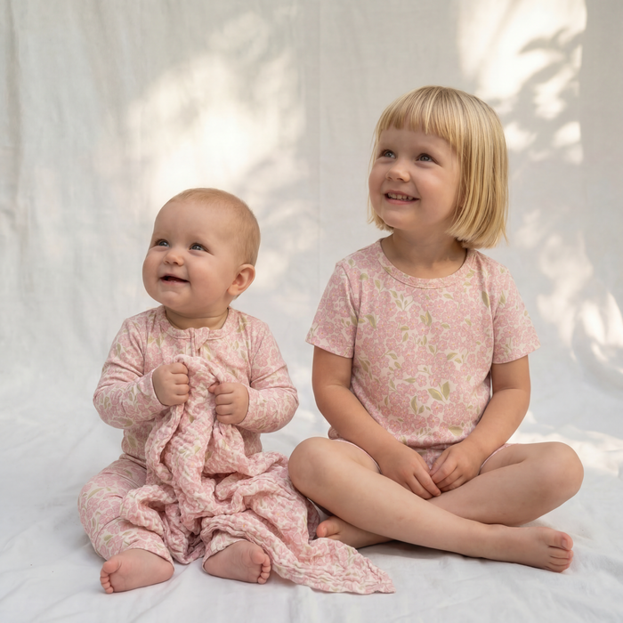 Petit Playa Bamboo Shortie Pajamas & Play Set in Peony print, soft bamboo pajamas for babies and girls — image 2