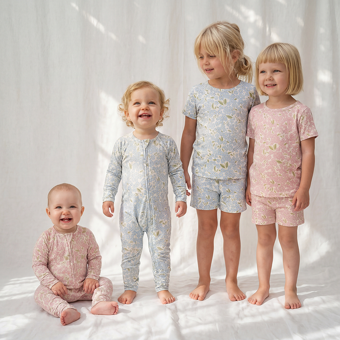 Petit Playa Bamboo Shortie Pajamas & Play Set in Peony print, soft bamboo pajamas for babies and girls — image 3