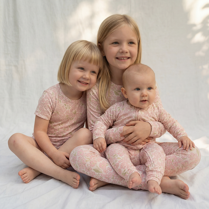 Petit Playa Bamboo Shortie Pajamas & Play Set in Peony print, soft bamboo pajamas for babies and girls — image 6