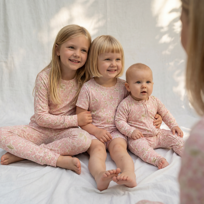 Petit Playa Bamboo Shortie Pajamas & Play Set in Peony print, soft bamboo pajamas for babies and girls — image 8