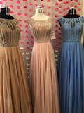 Beading Scoop Neck Cap Sleeves Chiffon A-line  Prom Dresses ,PD00131