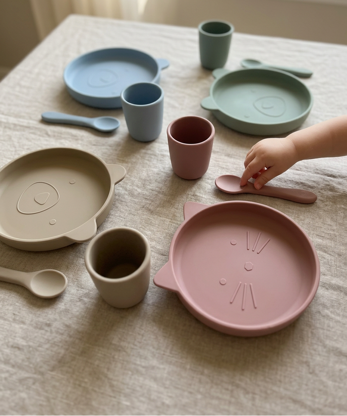 Children's tableware including plates, cups, and spoons on a light surface.