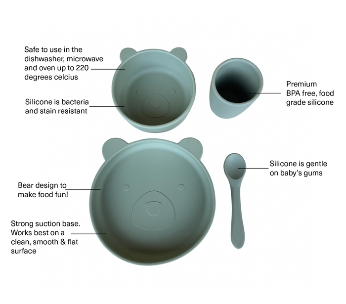 Product benefits. Bear silicone suction baby and toddler dinnerware set in sage 4 piece