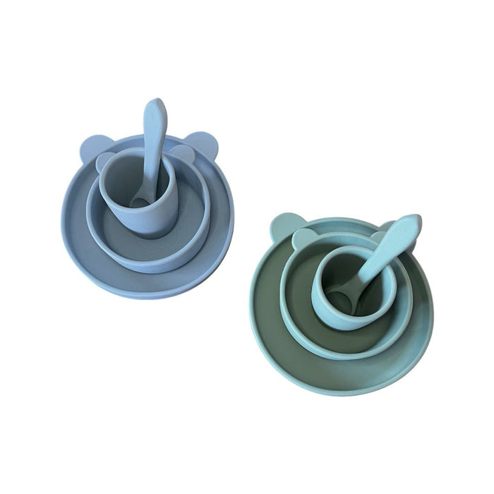 Bear shaped silicone baby feeding set sage green & sky blue