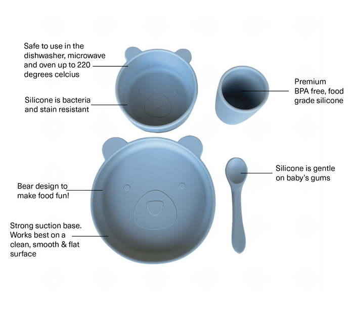 Baby and toddler silicone dinnerware feeding set sky. Product benefits.