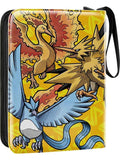 Pokémon-themed carrying case with three legendary creatures on a yellow background
